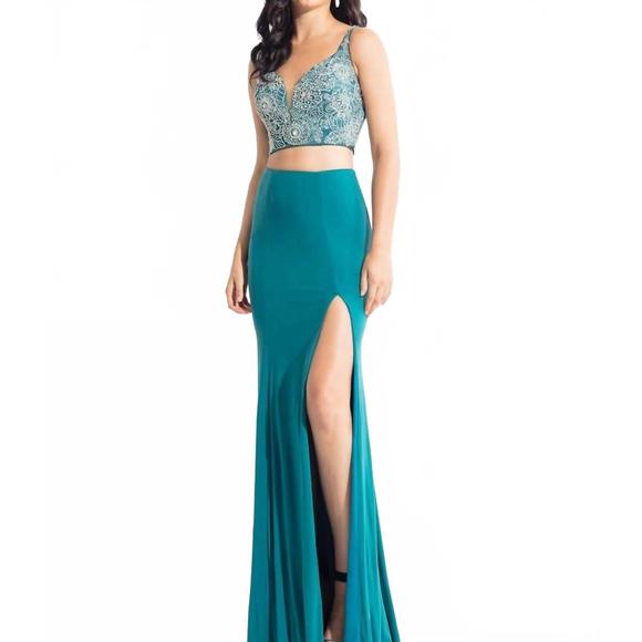 NEW RACHEL ALLAN two-piece jersey embroidered gown with high slit in teal